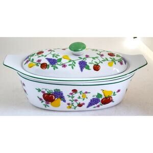 BUTTER BOAT/HOLDER-COOK ST.-3 Pieces-Ceramic-Lid-Holder-Fruit Motif on White